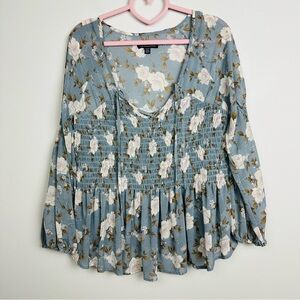 American Eagle Outfitters Light Blue Floral Smocked Blouse